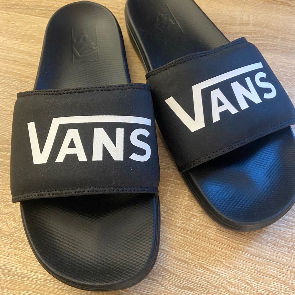 Vans Black and White Logo Slide Sandals